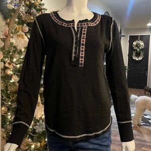 Black Long Sleeve Top with Embroidered Trim